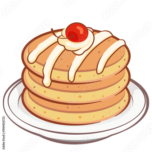 Fluffy pancake stack topped with cream and cherry. Sweet dessert illustration perfect for breakfast menu and food content.