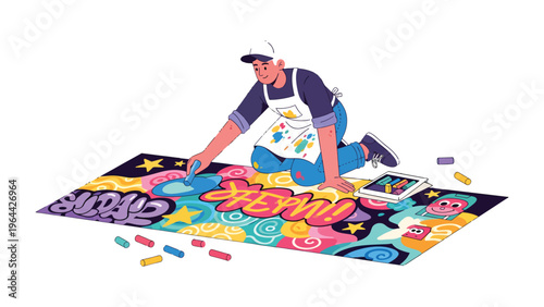 Artisan's Artistic Expression: A focused artisan, adorned in a cap and apron, meticulously crafts a vibrant piece of art using colorful chalk, their dedication reflecting in the intricate details.