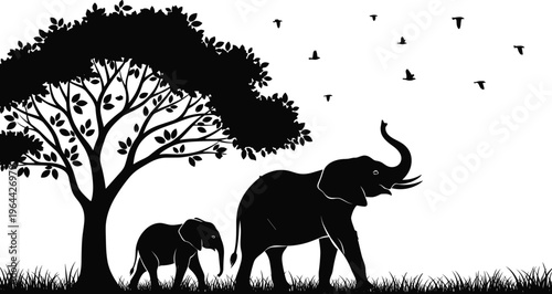 Elephant family silhouette with mother and calf walking in savanna safari landscape under large leafy tree with flying birds and grass field