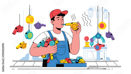 The Whistle Maker: A craftsman diligently tests a vibrantly colored whistle amidst his collection. Demonstrating artistry and precision, he meticulously examines each piece.