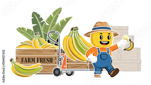 Banana Farm: A cheerful farm character, surrounded by a bountiful harvest of fresh bananas, presents the perfect illustration of farm-to-table freshness.