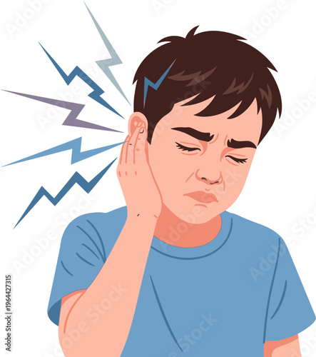 Sick Young Boy Experiencing Ear Pain Illustration