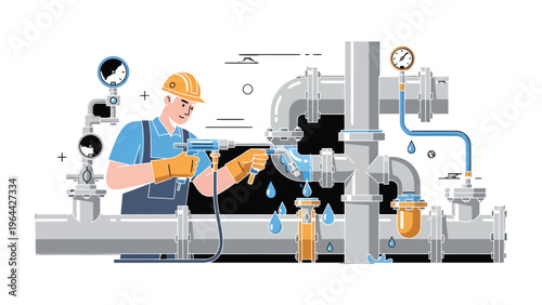 Repairing the Pipes: An illustration captures a dedicated plumber at work, meticulously repairing a network of water pipes, highlighting the importance of infrastructure maintenance.