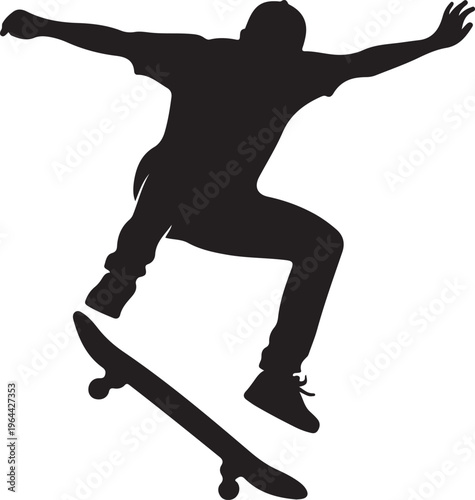 Skateboarder silhouette, black skateboarder, extreme sports icon, action hero vector