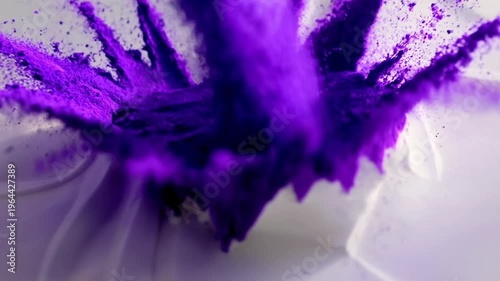 Purple powder explosion forming abstract vibrant pattern concept. Close up of vibrant purple powder explosion on white background with dynamic motion and colorful particles