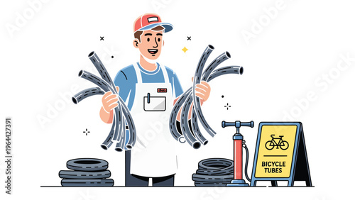 Bicycle Repair Illustration: A skilled repairman stands confidently amidst his tools, holding bicycle tubes and ready to provide service