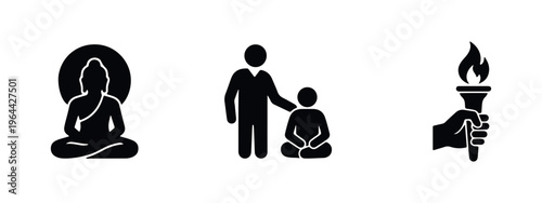 Set of black silhouettes representing enlightenment, spiritual guidance, and meditation, featuring Buddha, a mentor, and a flaming torch.