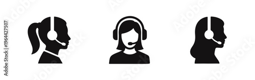 Three flat vector icons of women wearing headsets, representing customer support, call center agents, and telemarketing professionals.