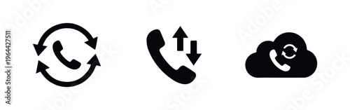Black minimalist icons for call synchronization, incoming and outgoing calls, and cloud telephony services on a clean white background.