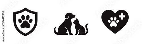 Set of three pet care icons featuring a paw print shield, a dog and cat silhouette, and a heart with a medical cross and paw print.