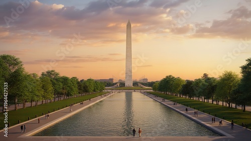 Washington Monument at sunset with reflecting pool, Washington D.C.