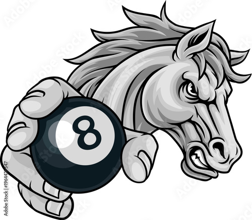 Horse mustang bronco stallion angry pool billiards sports team mascot holding a ball.