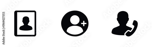 Set of minimalist black icons representing a contact book, adding a new contact, and a phone call contact on a white background.