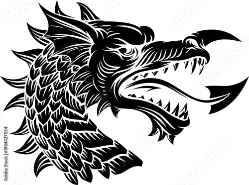 Welsh Dragon Head Woodcut Etching Heraldic Vintage