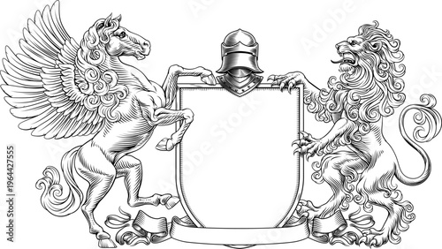 A heraldry crest lion and Pegasus winged horse family coat of arms heraldic shield emblem design in an old medieval vintage style 