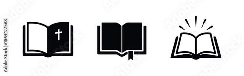 Collection of three black open book icons, including a bible with a cross, a book with a bookmark, and an open book with radiating light rays.