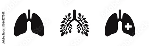 Professional set of black lung icons featuring a standard silhouette, a nature-inspired leaf design, and a medical symbol on a white background.