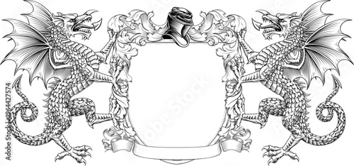 Dragons coat of arms or crest family heraldry medieval heraldic knight shield with helmet and acanthus filigree scroll ornament in a vintage woodcut style.