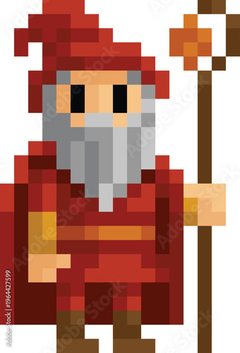 Red fire wizard fantasy cartoon character in a video game sprite pixel art style. 17 squares wide by 25 high.