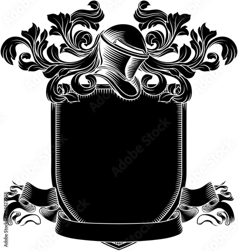 Coat of arms crest knight family medieval shield heraldry heraldic armorial motif. Featuring a knights helm helmet in a vintage etching engraving woodcut style 
