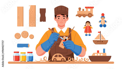 Artisan at Work: An artisan meticulously carves wood, surrounded by the tools and components of his craft, each stroke imbued with dedication and care, building beautiful wooden toy.