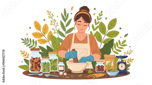Herbalist at Work: A serene herbalist carefully grinds herbs with focus, amidst a backdrop of lush foliage, surrounded by various ingredients.