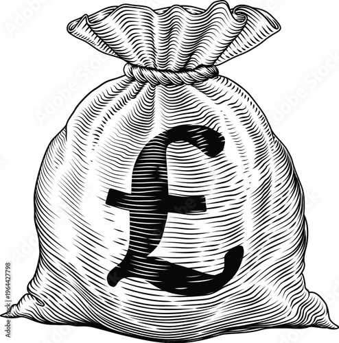A money cash sack bag with a British pound sterling sign symbol in a vintage woodcut style