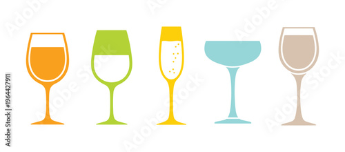 Set icons featuring wine glasses. Colorful designs showcasing different types of wine glasses. Vector art.