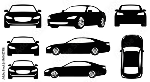 Black Car Silhouettes: Front, Side, Top Views - Vector Graphics