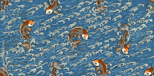 A koi carp coy fish seamlessly tiling background pattern. An original illustration in a vintage Japanese painting art style.