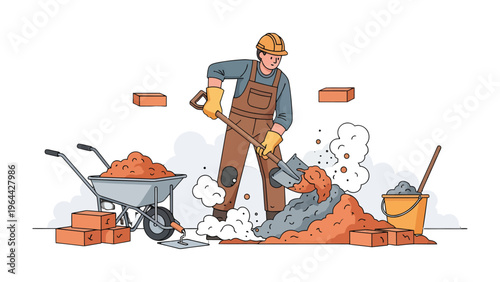 Construction Labor: A diligent construction worker skillfully blends mortar with a shovel, ensuring structural integrity, while bricks and a wheelbarrow rest nearby, depicting the art of building.