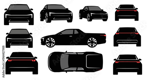 Black Car Collection: Multiple Views - Front, Back, Side, Top