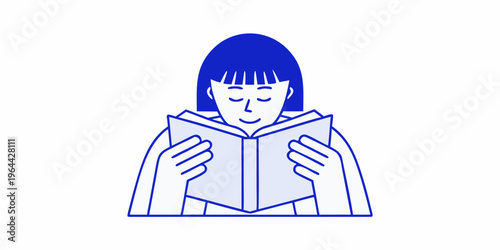 A young woman with dark hair is peacefully reading a book