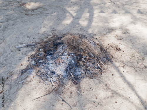 Φωτογραφία ​Extinguished campfire remains on sandy ground, featuring gray ash, charred wood, and dry twigs under natural shadows