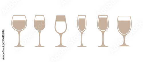 Design icons with wine glasses. One color options highlighting different styles of wine glasses. Vector graphic.