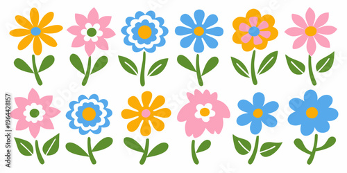 A collection of colorful stylized flowers with simple green stems
