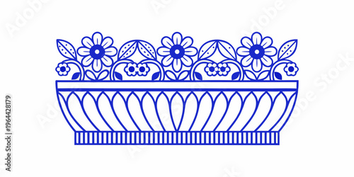 Blue and white line art illustration of a flower filled planter box
