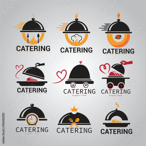 Collection of catering logos with various dishware and food elements
