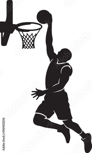 Black silhouette basketball player, dunking, sports icon, athletic vector