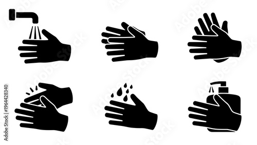 Step-by-Step Hand Washing & Sanitizing Icon Set – Silhouette Vector Collection