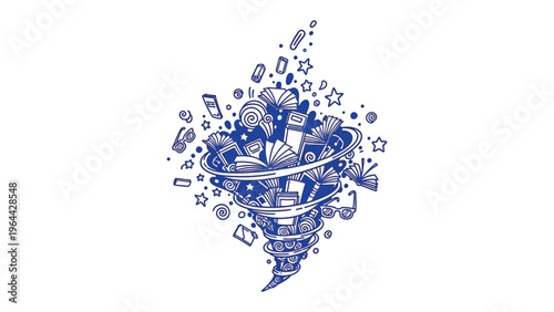 Creative Abstract Whirlwind: An artistic representation of a dynamic, swirling vortex, filled with symbolic elements that represent ideas, creativity, and the power of innovation.