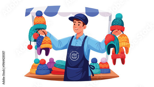 Hatter's Display: A hatter proudly displays an array of colorful hats, standing before his stall.