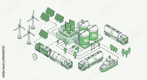 Green Hydrogen Production and Distribution Network Illustration.