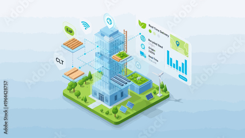 3D Building with virtual data graphics.