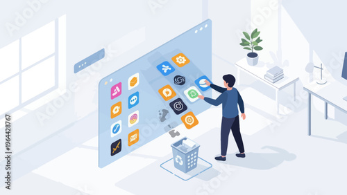 Man interacting with large screen icons.