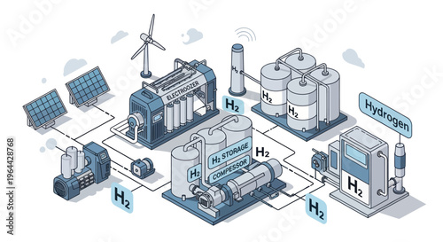 Green Hydrogen Production and Distribution Network Illustration.