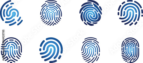 Abstract fingerprint pattern collection, deep navy blue circular spiral lines flat vector design.
