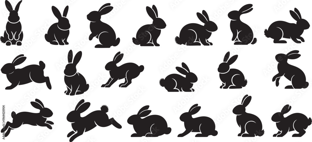Fototapeta premium Various rabbit silhouettes in different poses collection, Different style of cute bunnies simple easter bunny, rabbit in different positions.