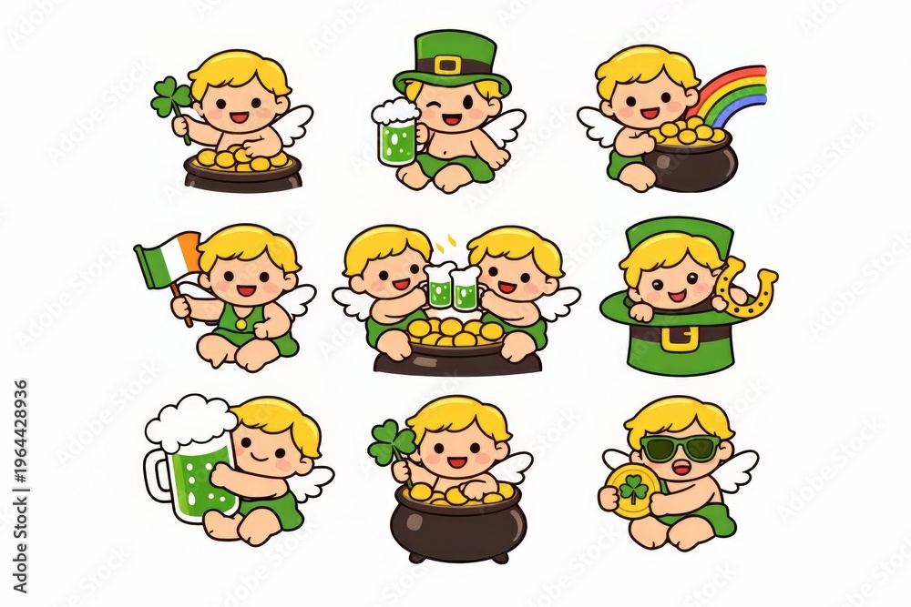 Fototapeta premium Cheerful set of cartoon baby angels dressed as leprechauns with shamrocks, gold coins, beer and rainbows, perfect for fun St Patricks Day stickers, cards and party decor.