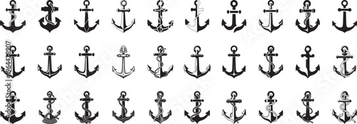 Anchor silhouette collection with clean lines, stylized bold anchor's flat vector design.